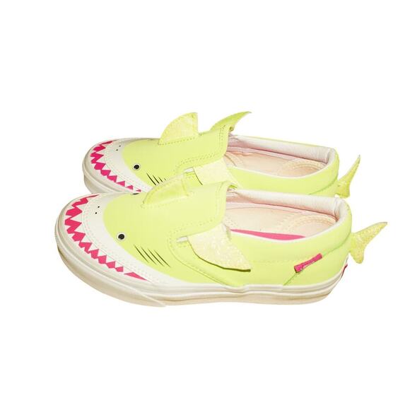 Vans Kid Size 2 Shark Slip-On Sneakers Lime Green Pink Sole Novelty Animal Shoes - Picture 5 of 7
